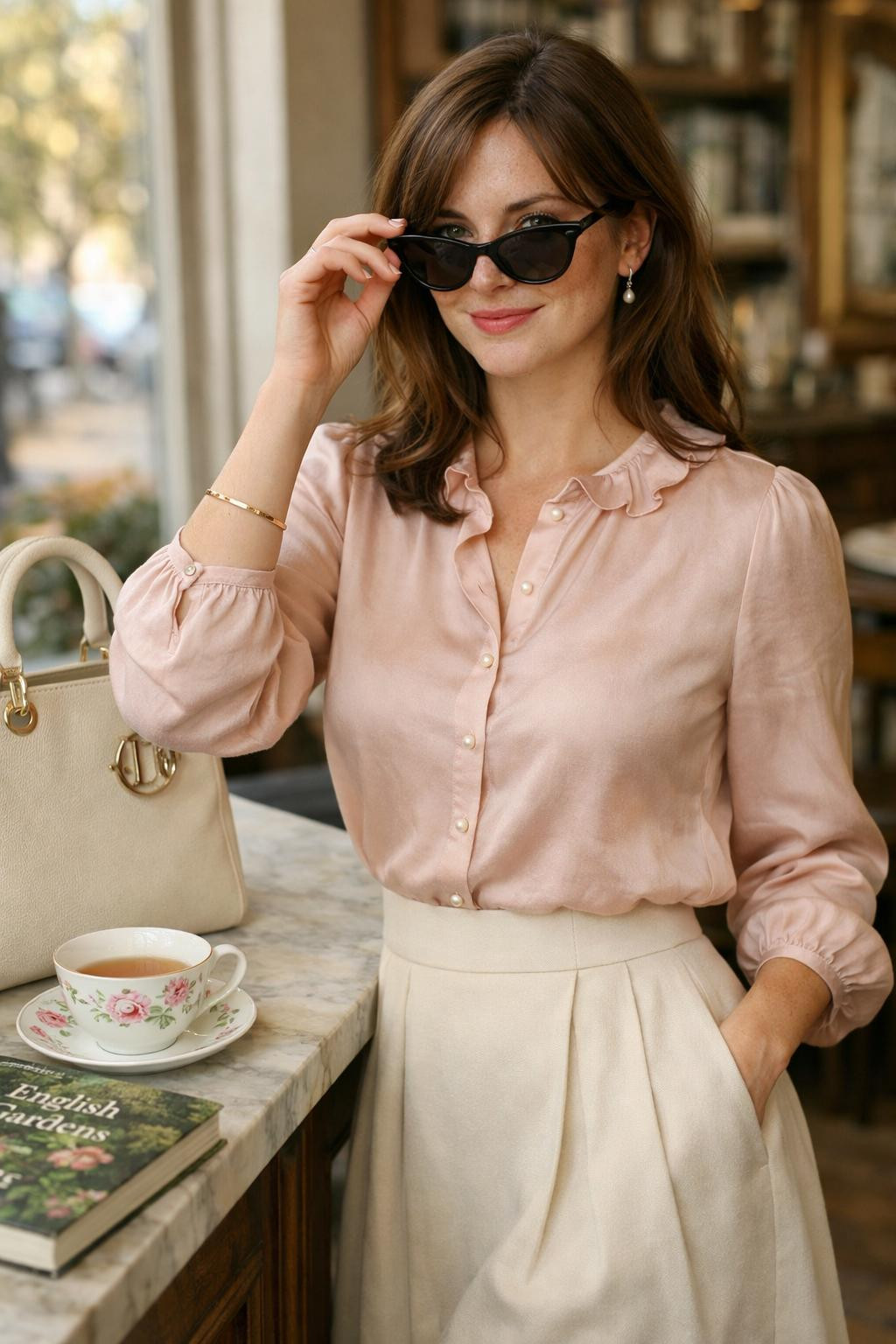 Tea party outfit with romantic blush pink silk blouse and pearl buttons