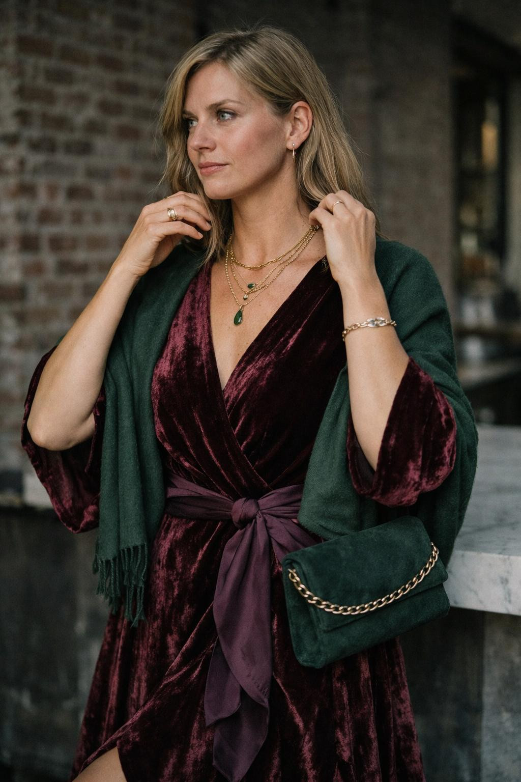 Holiday party outfit with bohemian burgundy velvet and cashmere shawl