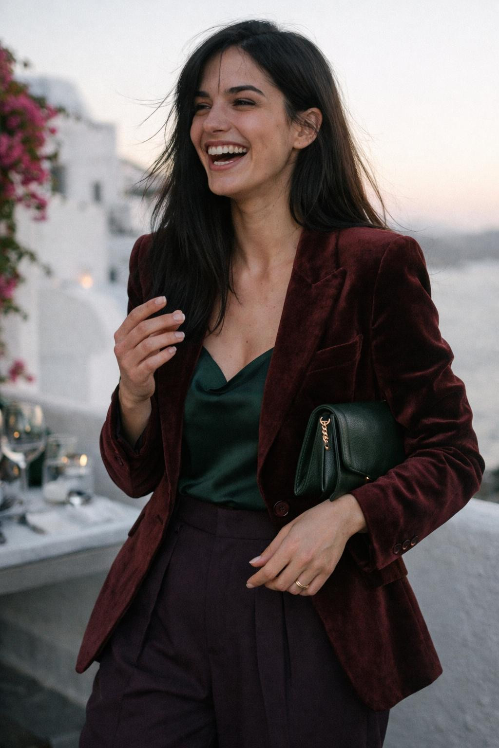 Holiday party outfit with classic burgundy blazer and wide-leg trousers