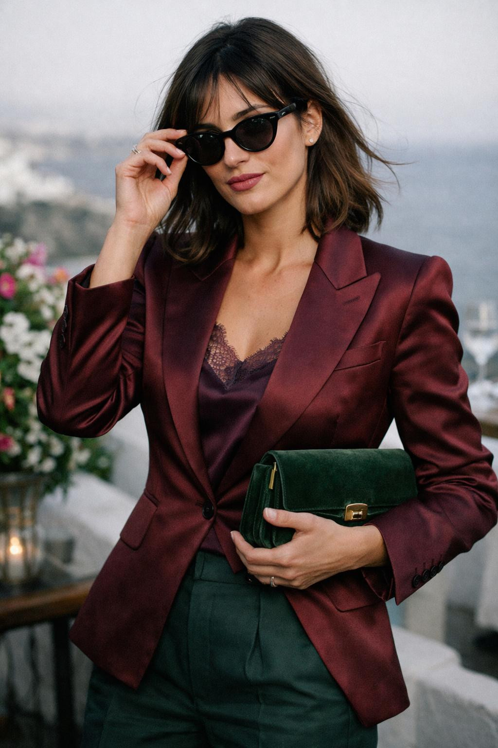 Holiday party outfit with power feminine burgundy blazer and cigarette trousers