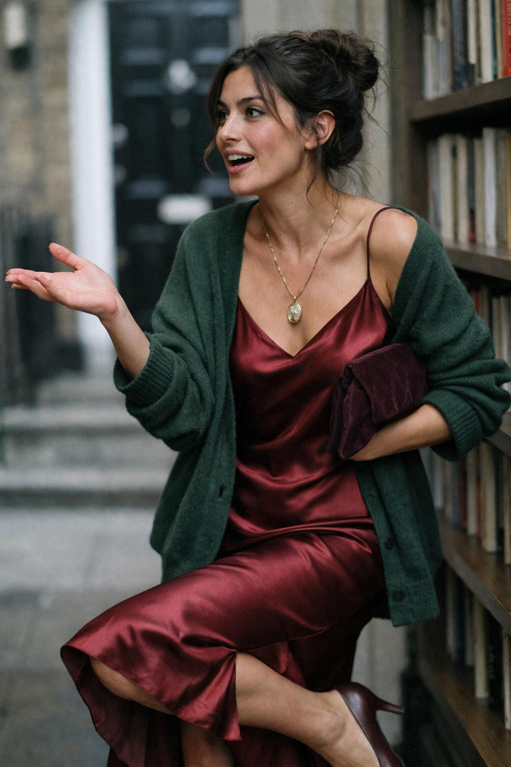 Holiday party outfit with coastal breezy burgundy silk and oversized cardigan