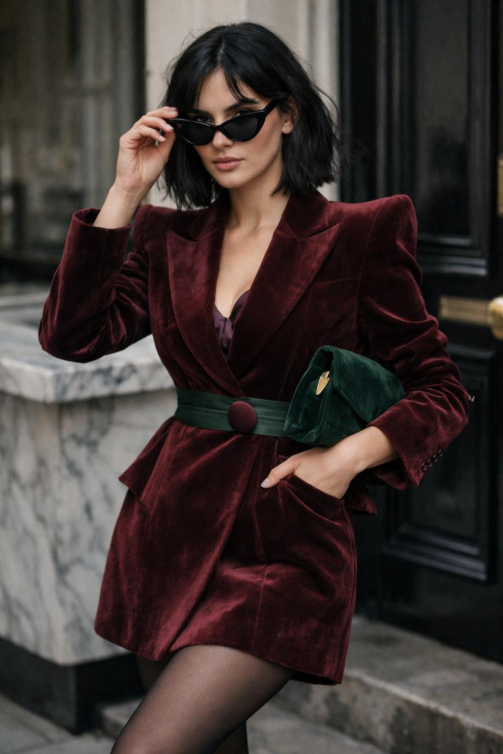 Holiday party outfit with architectural burgundy velvet blazer