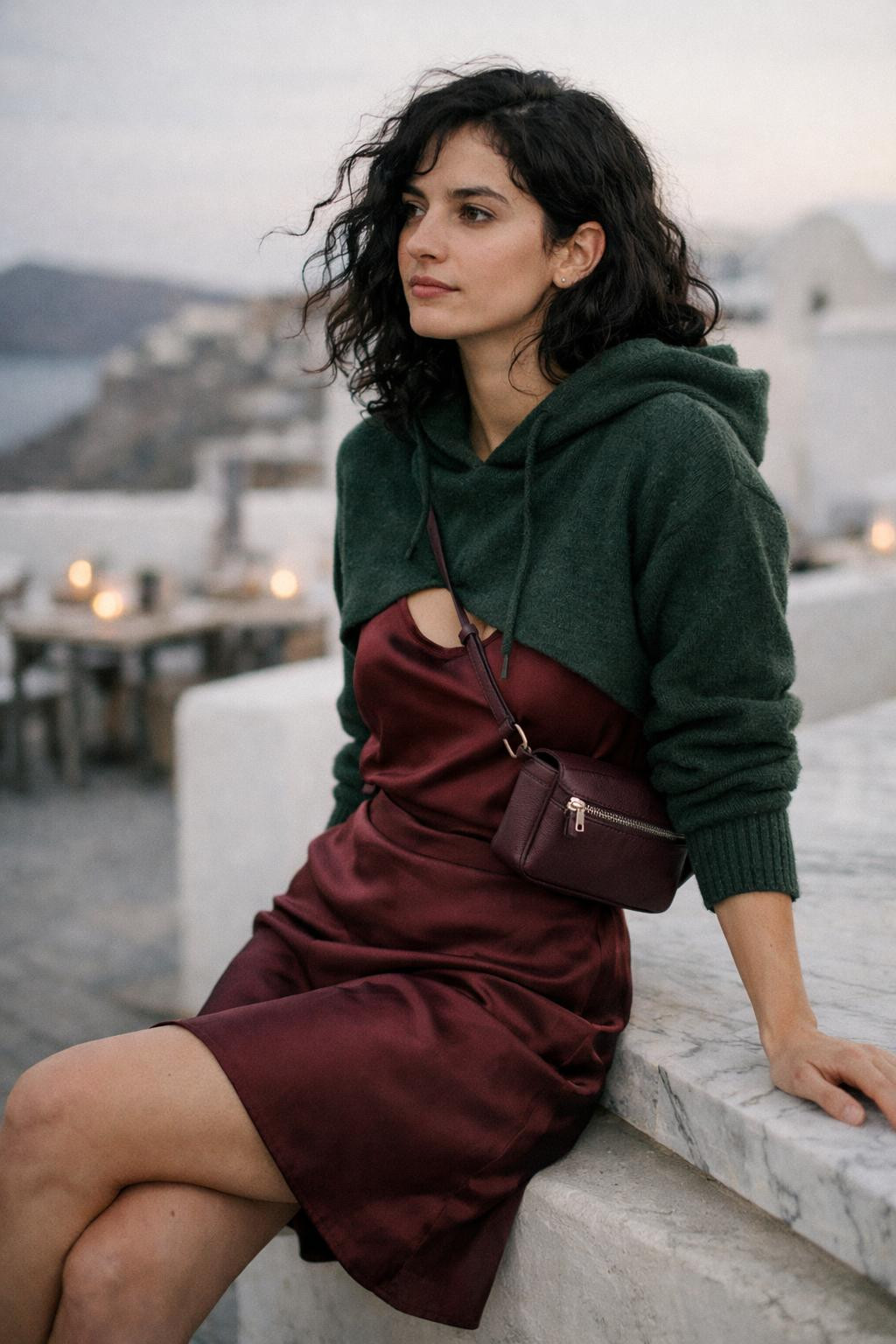 Holiday party outfit with sporty luxe burgundy silk and cashmere hoodie