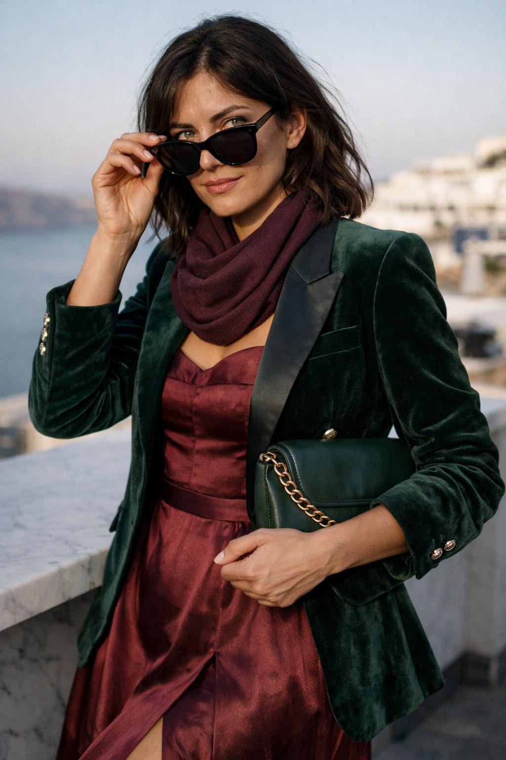 Holiday party outfit with preppy burgundy silk and velvet blazer