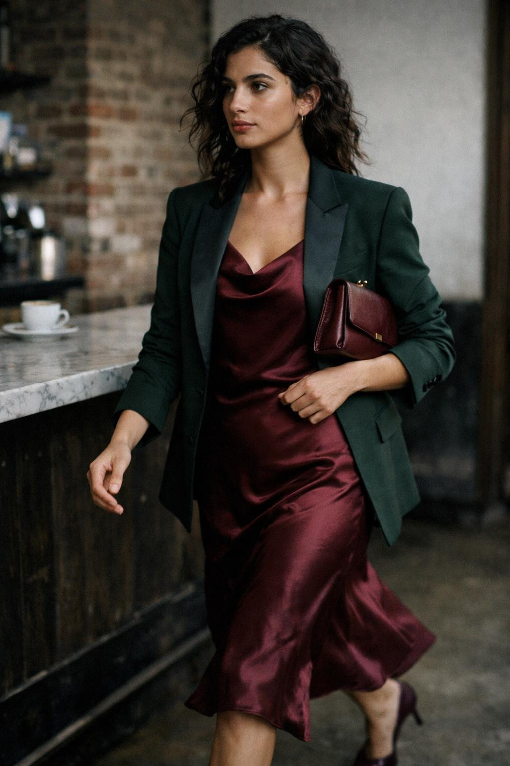 Holiday party outfit with minimalist burgundy slip dress and blazer