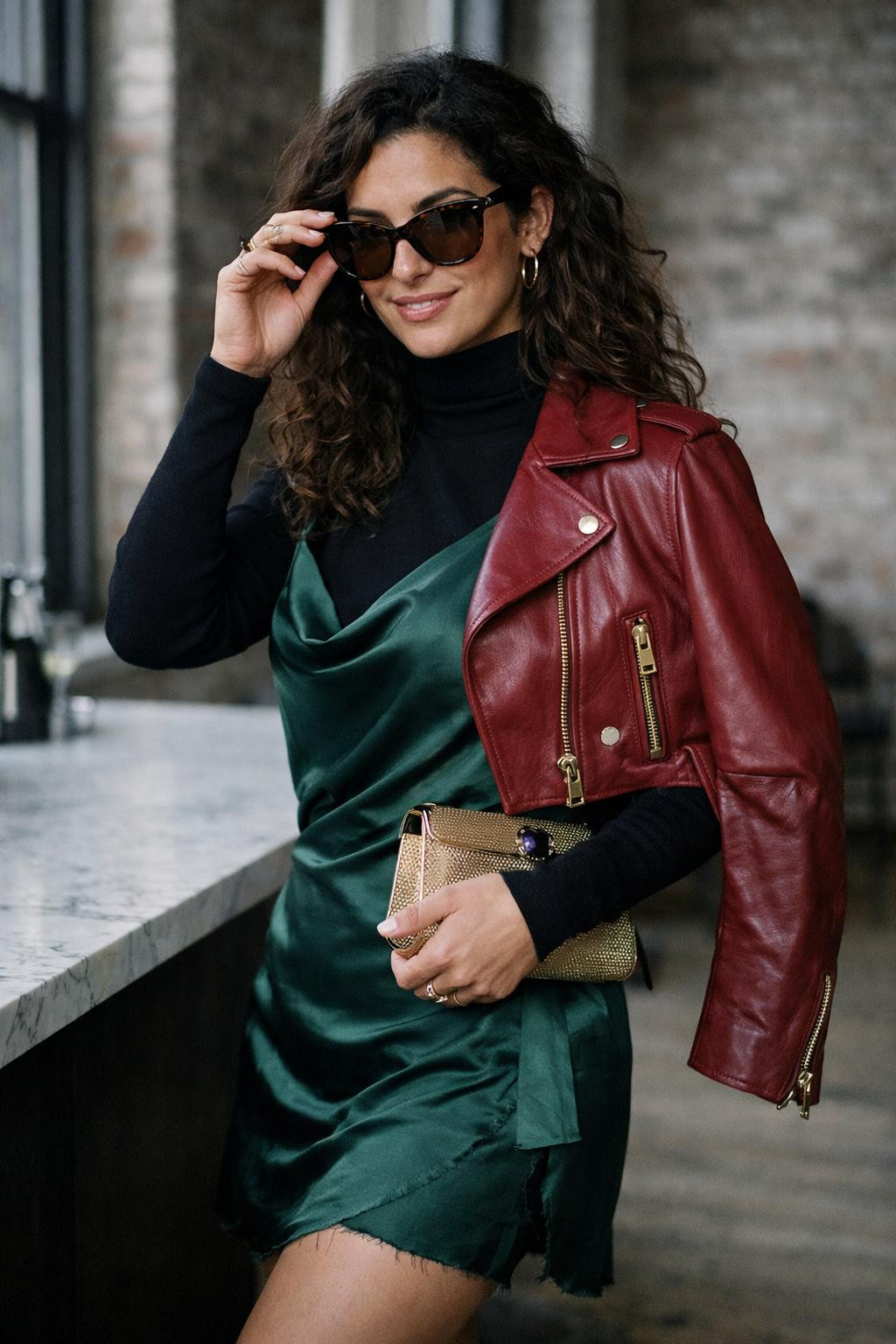 Holiday party outfit with emerald silk and black turtleneck
