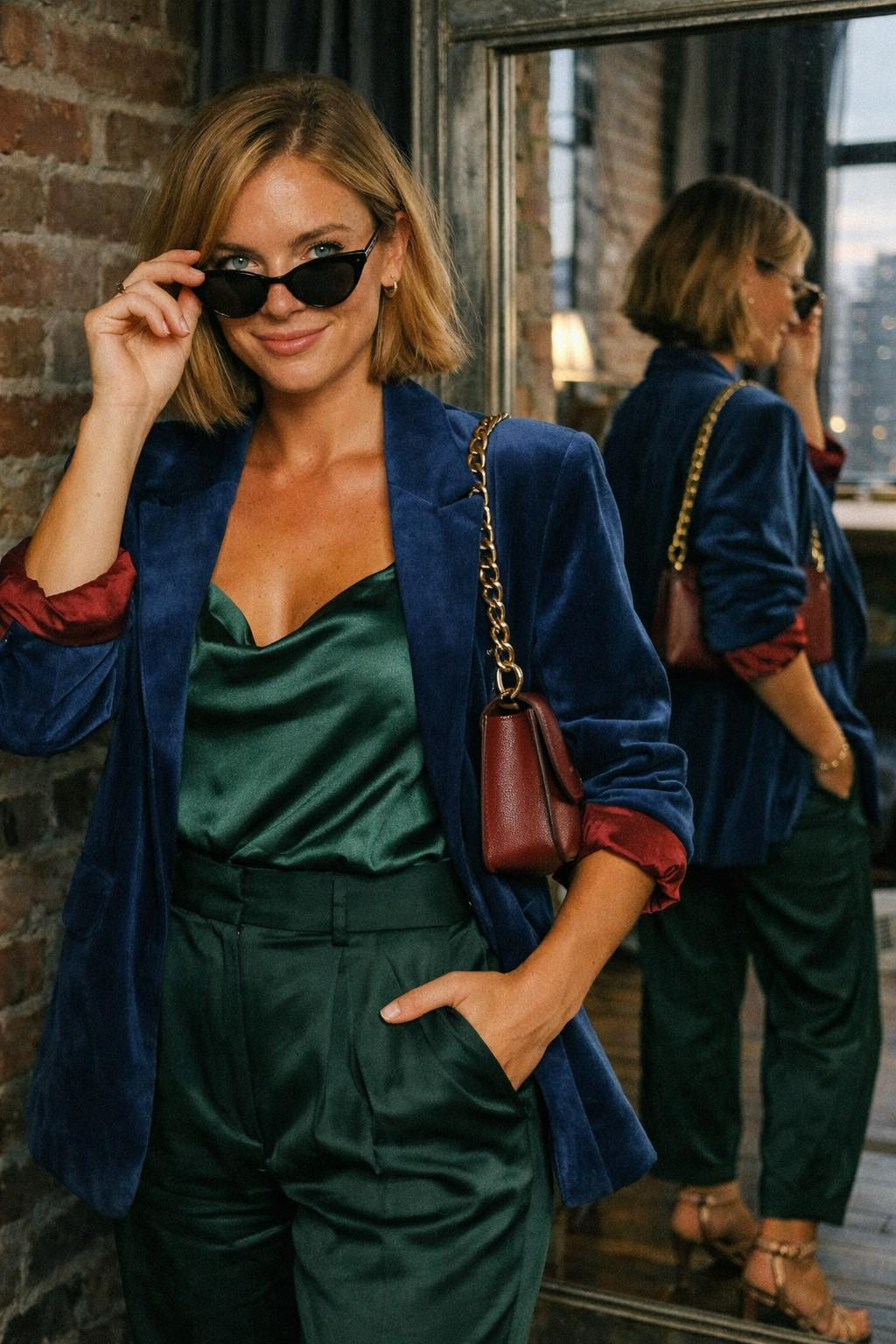 House party outfit with emerald silk slip dress and sapphire velvet oversized blazer