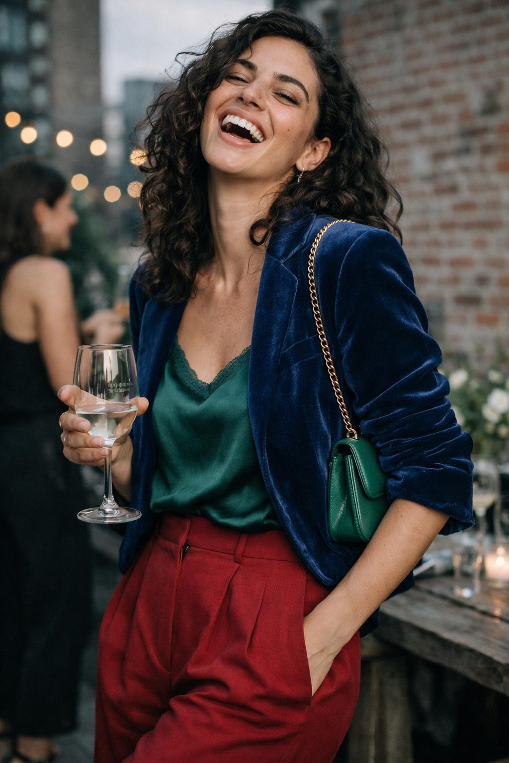 House party outfit with emerald silk camisole and sapphire velvet cropped blazer