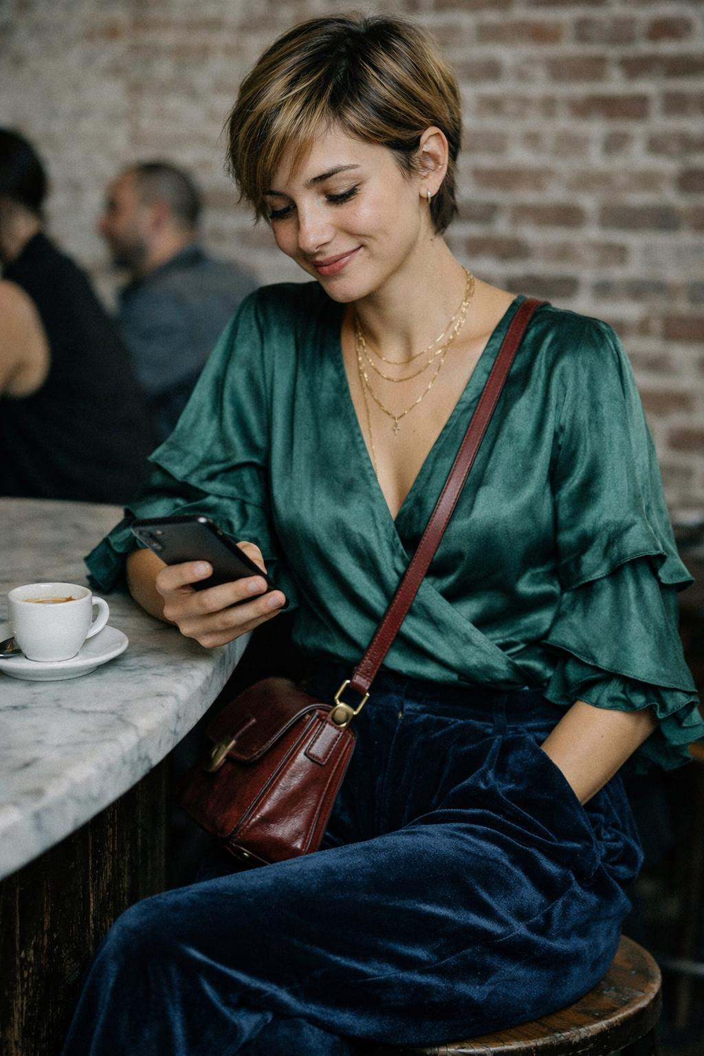 House party outfit with emerald silk wrap blouse and sapphire velvet wide-leg trousers
