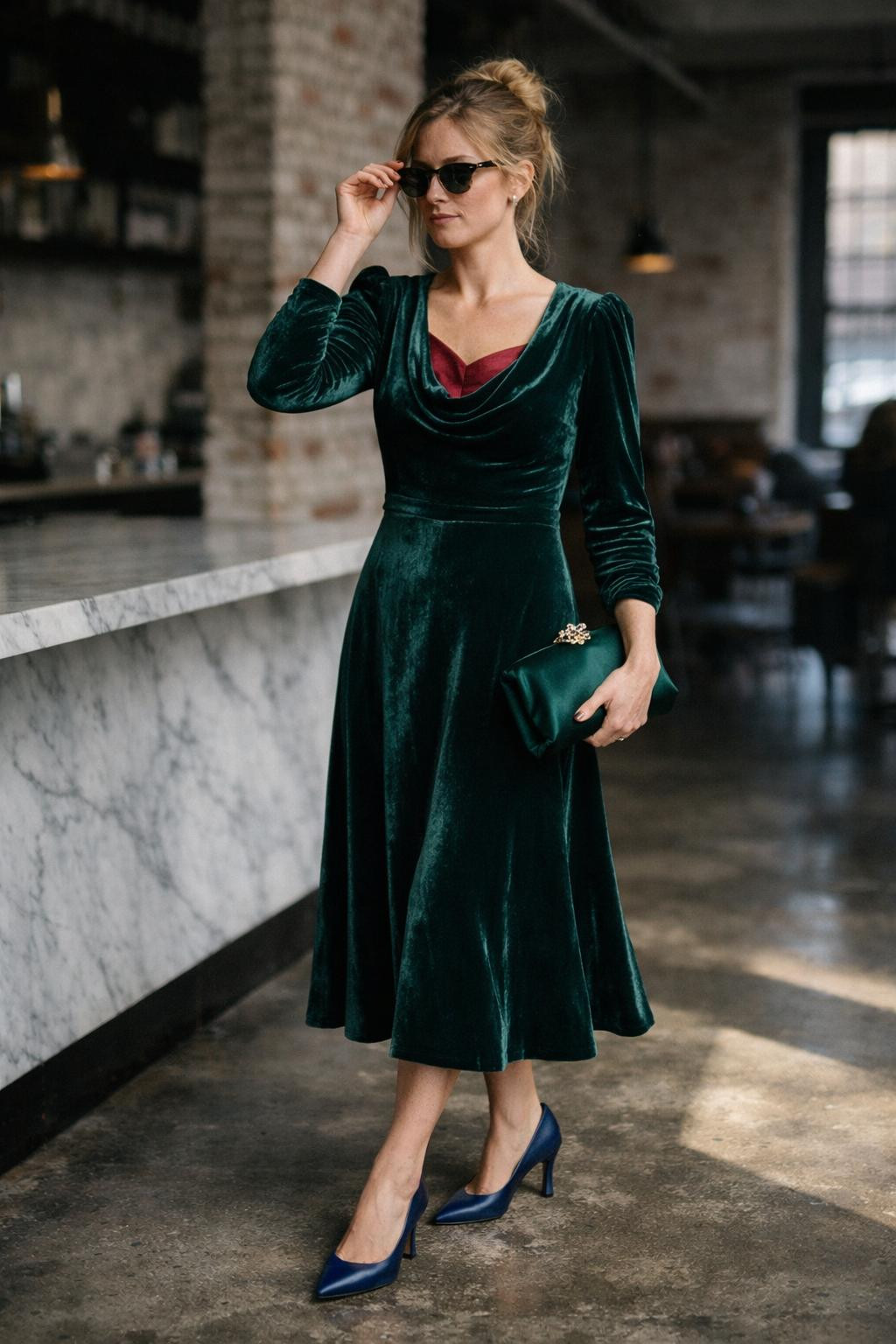 Winter party outfit with romantic emerald velvet and soft cowl neckline