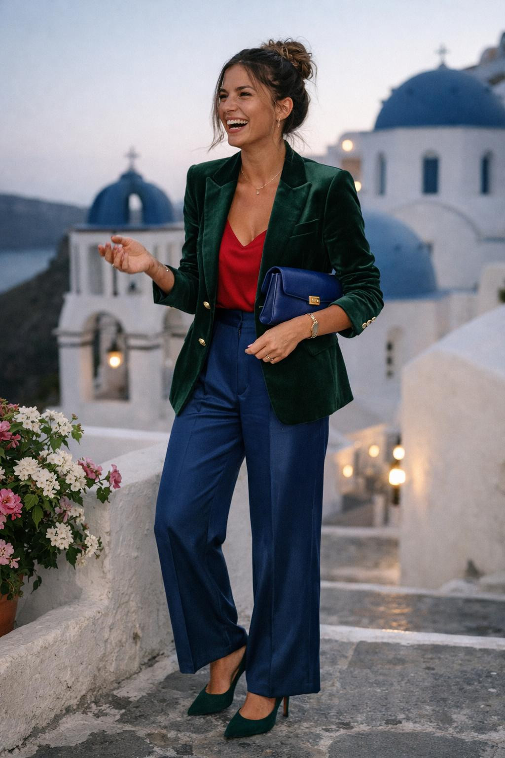 Winter party outfit with classic tailored emerald blazer and wide-leg trousers