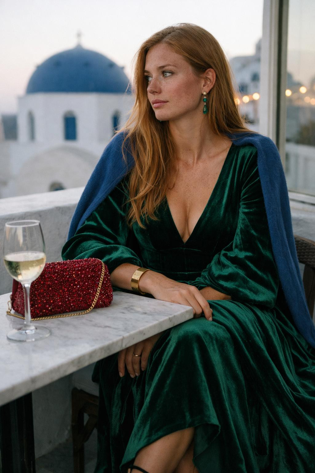 Winter party outfit with statement emerald velvet gown and dramatic sleeves