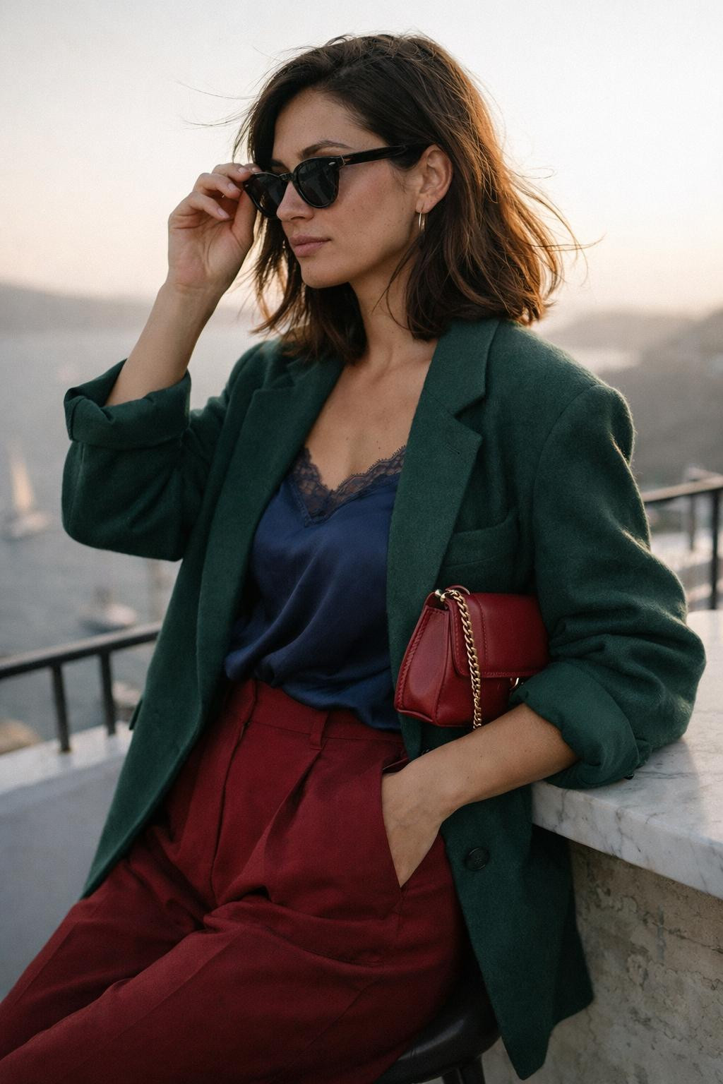 Winter party outfit with oversized borrowed emerald cashmere blazer