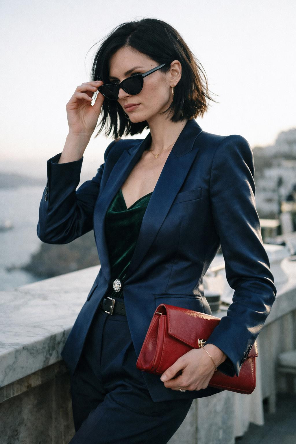 Winter party outfit with power feminine sapphire blazer and velvet bodysuit