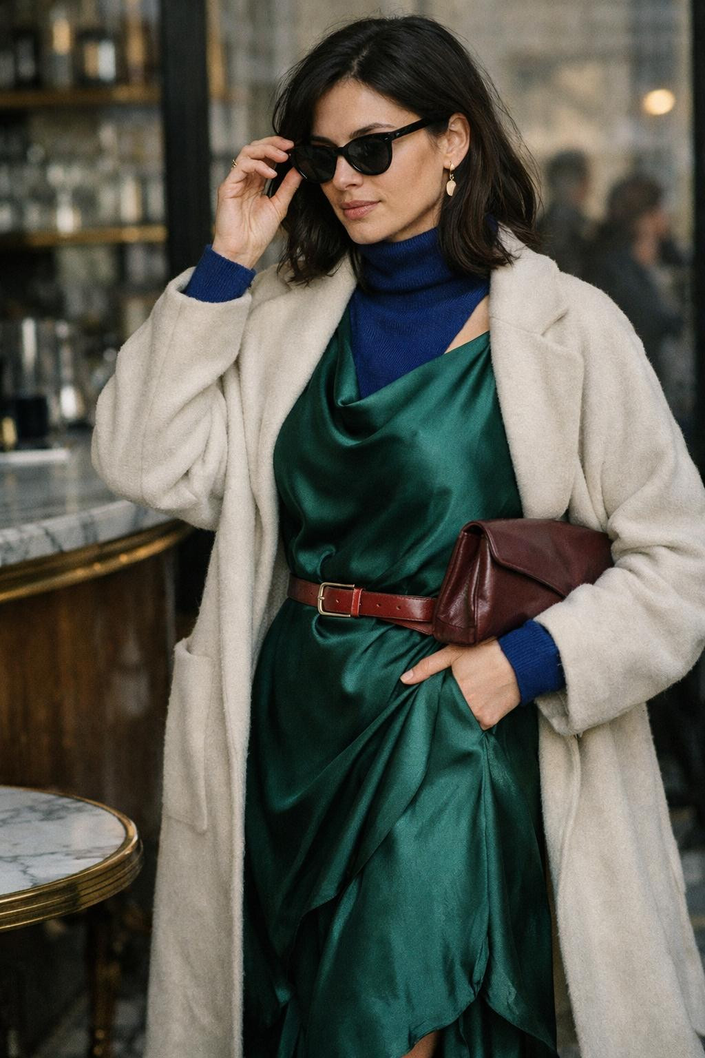 Winter party outfit with coastal breezy emerald silk asymmetric dress