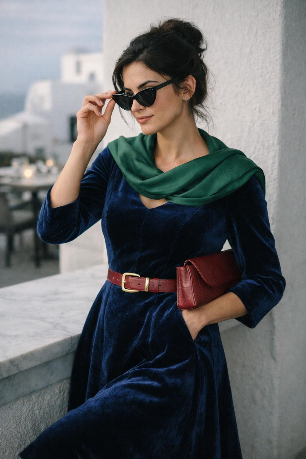 Winter party outfit with vintage-inspired sapphire velvet midi
