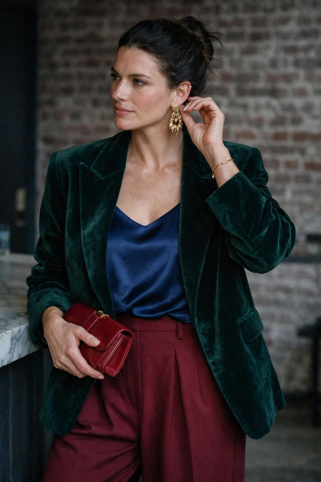 Winter party outfit with oversized emerald blazer and wide-leg trousers