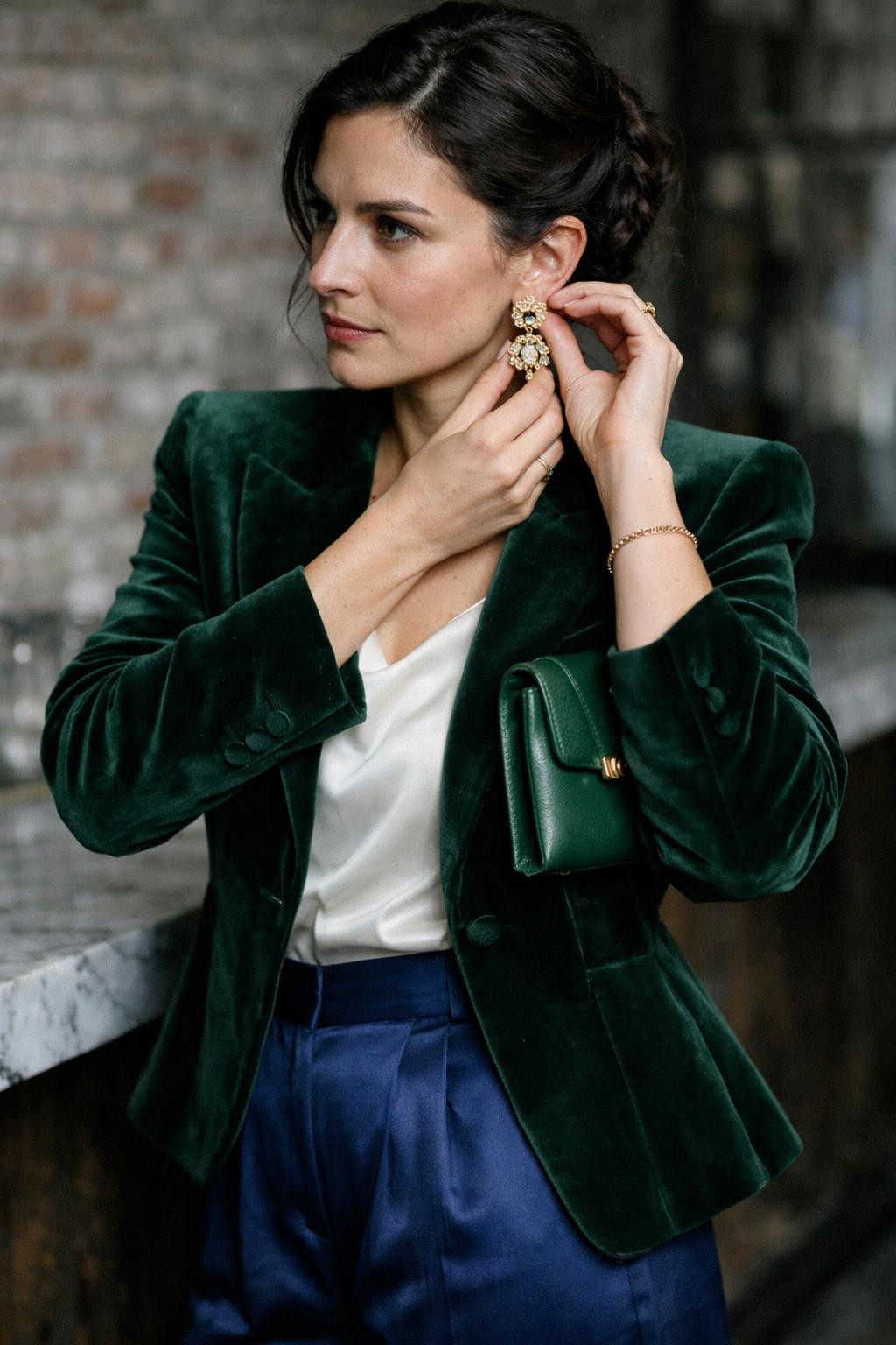 Winter party outfit with preppy emerald velvet blazer and silk trousers