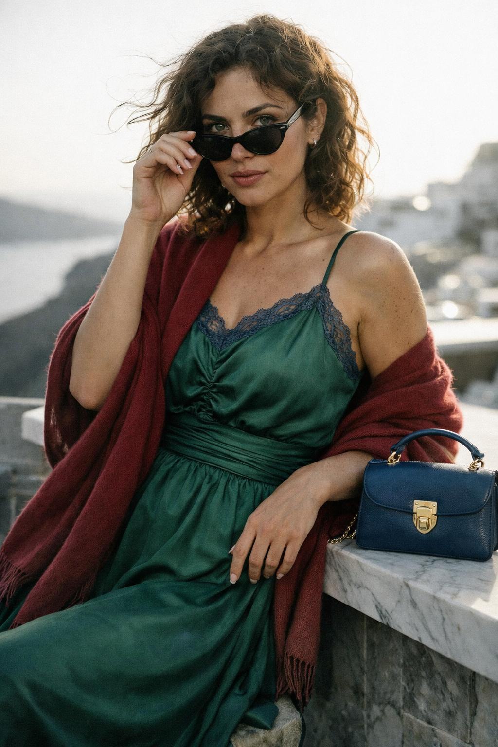 Winter party outfit with romantic emerald silk midi dress