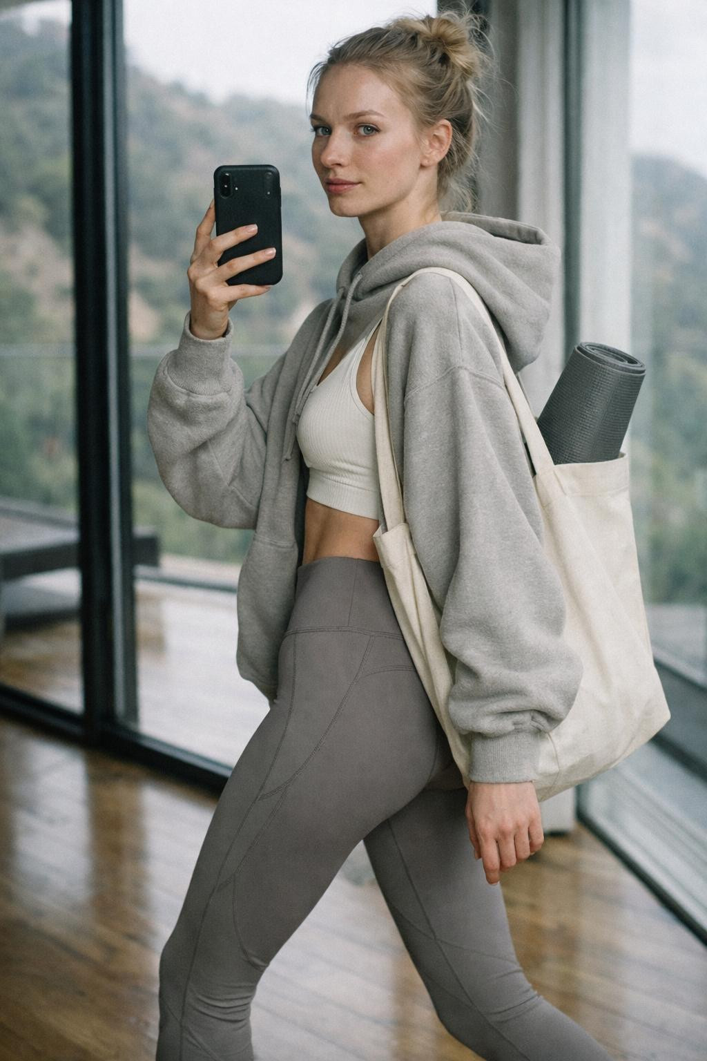 Gym outfit with stone oversized hoodie and taupe leggings