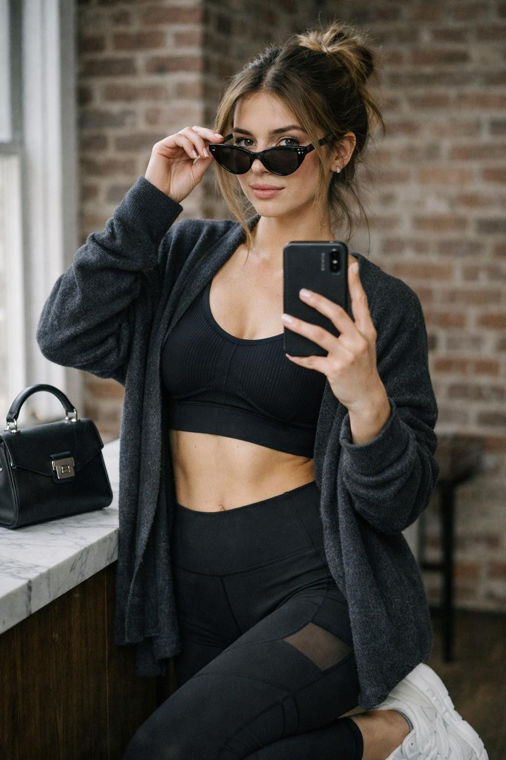 Gym outfit with ribbed black sports bra and charcoal cardigan