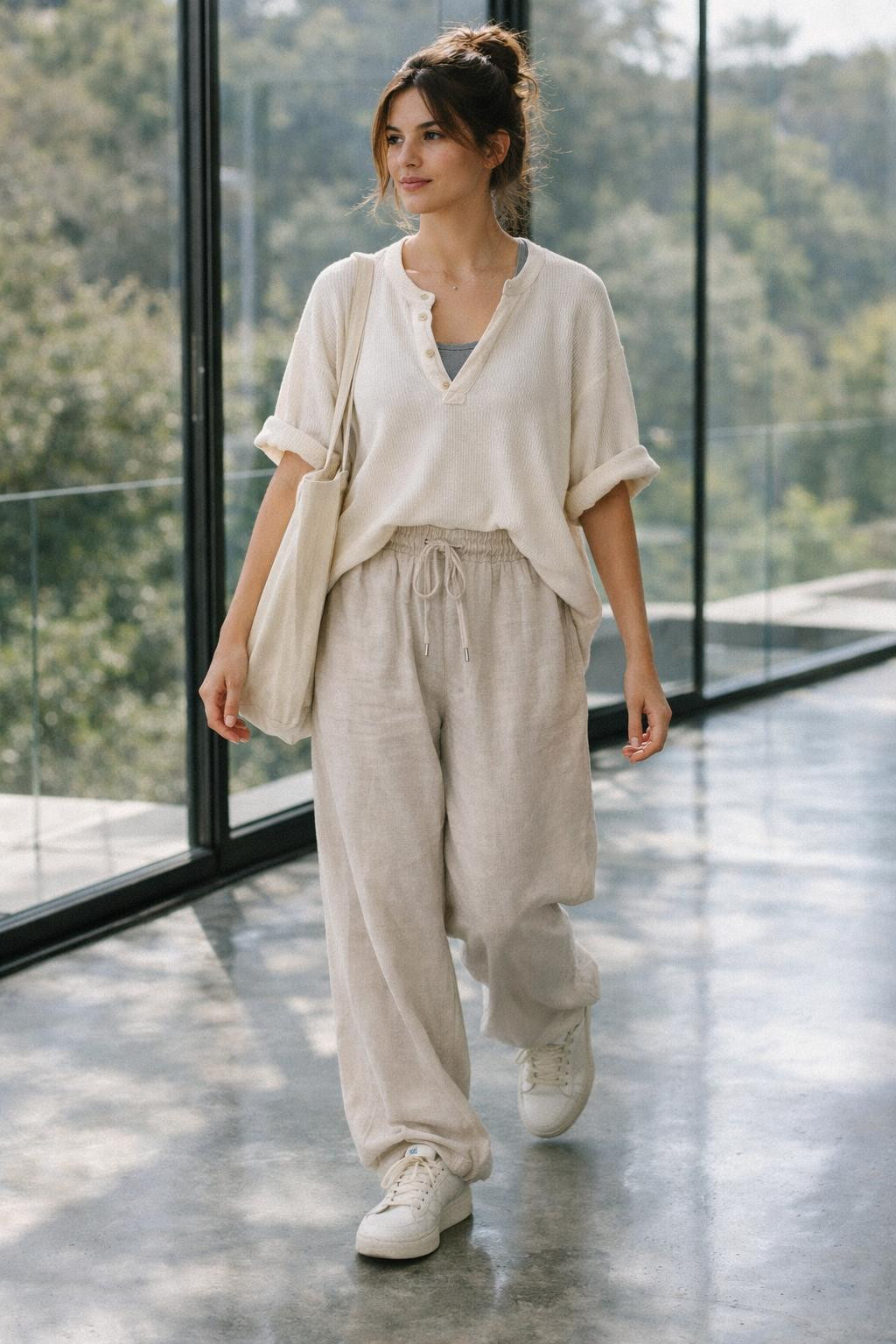 Baggy workout outfits with cream henley coastal style