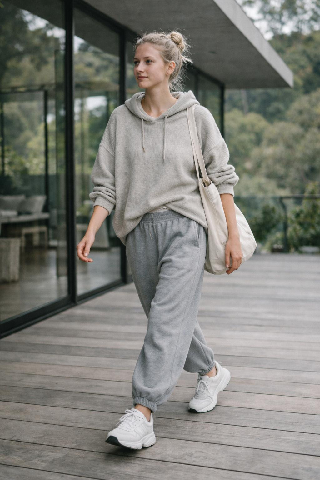Baggy workout outfits with oatmeal cashmere hoodie