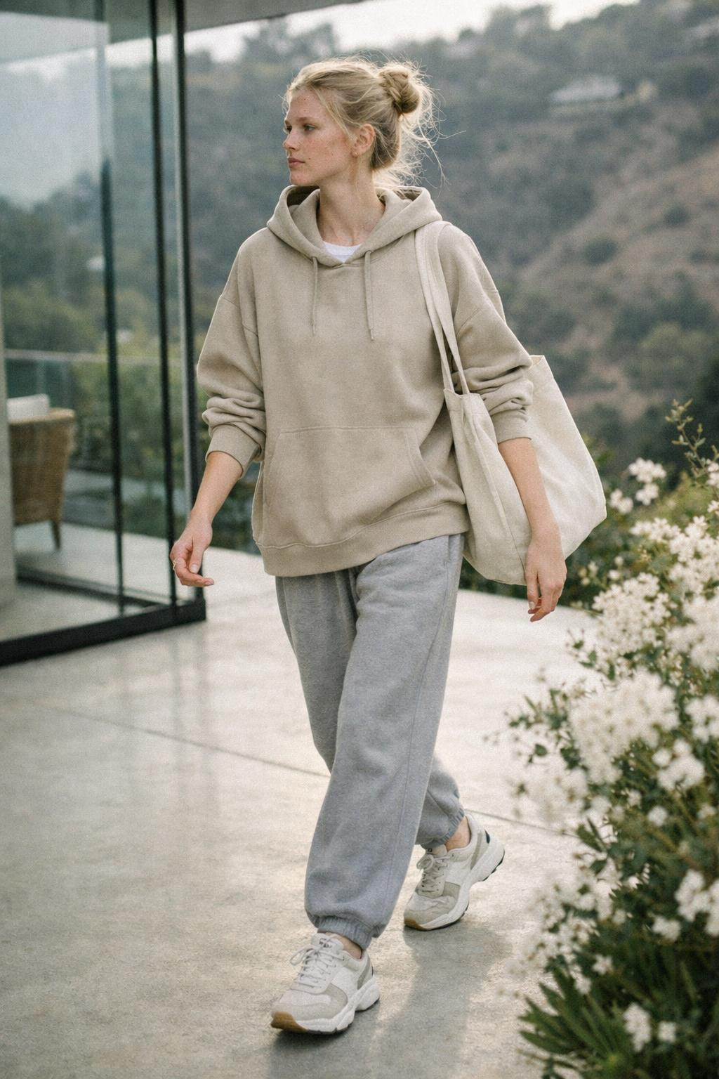 Baggy workout outfits with oat hoodie and dove grey pants