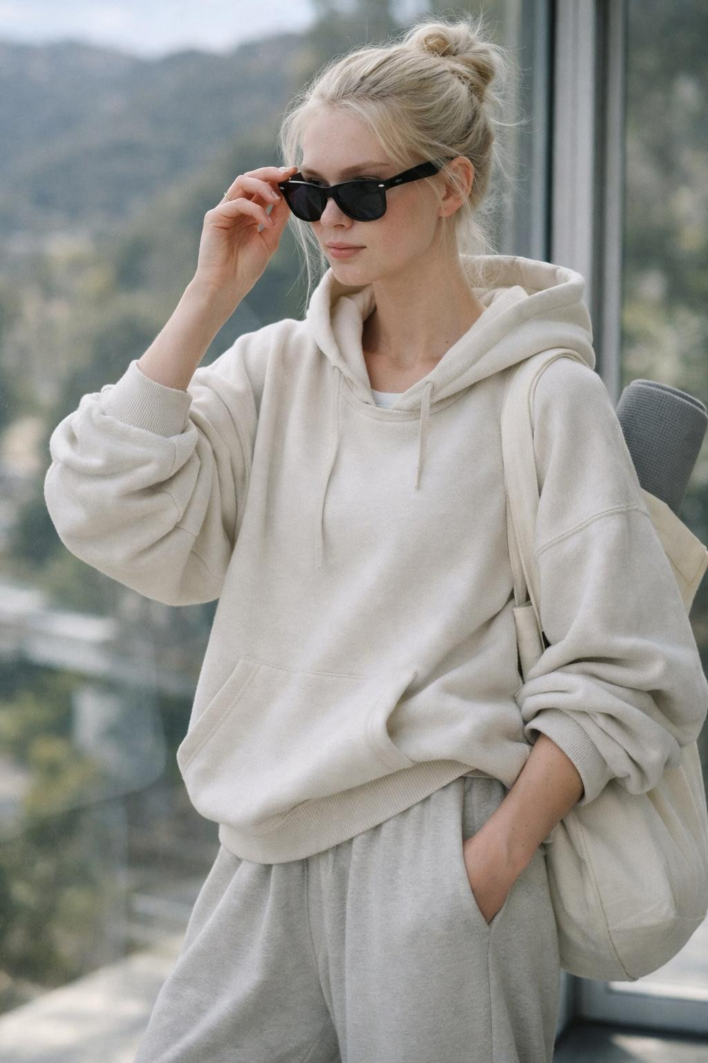 Baggy workout outfits with cream fleece and grey sneakers