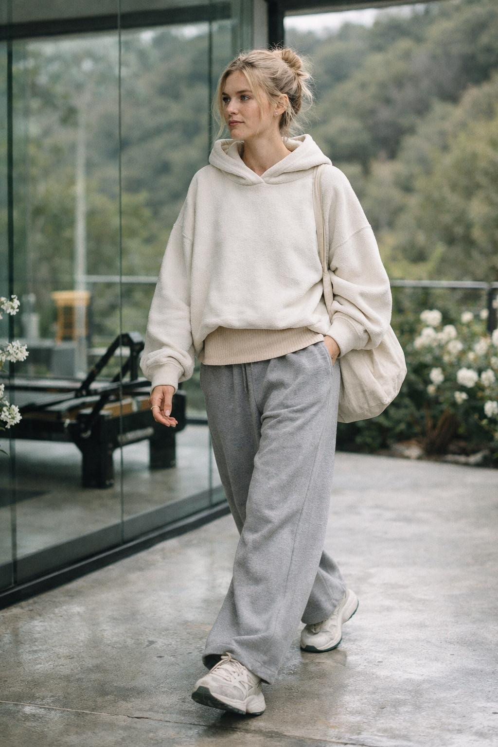 Baggy workout outfits with cream fleece hoodie