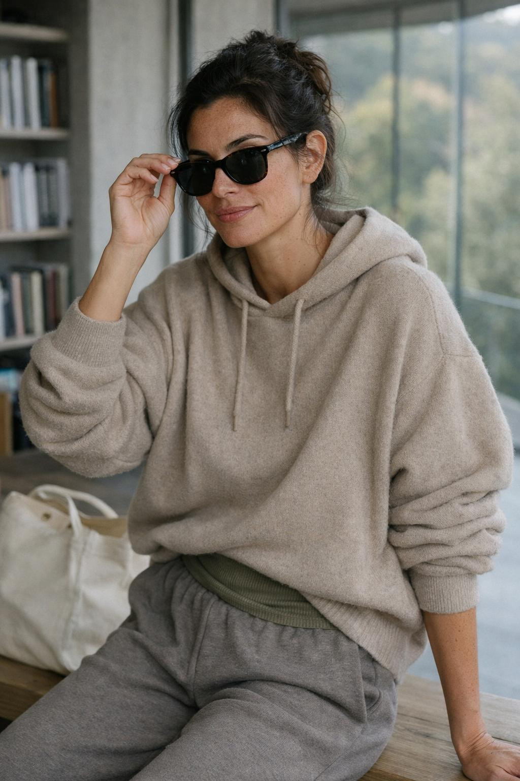 Baggy workout outfits with sand hoodie and olive tank