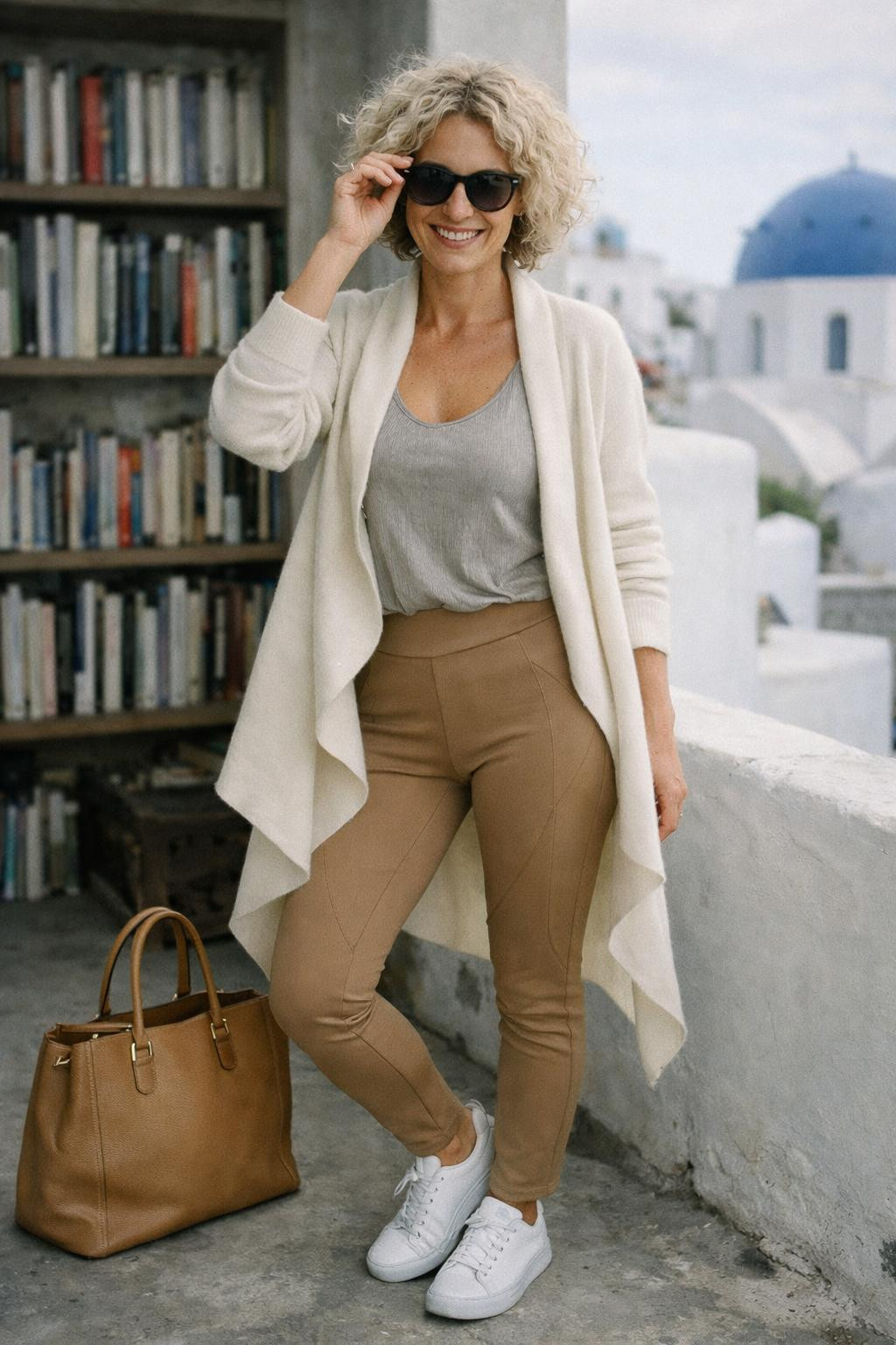 Legging outfits with camel sculpted leggings and architectural cardigan