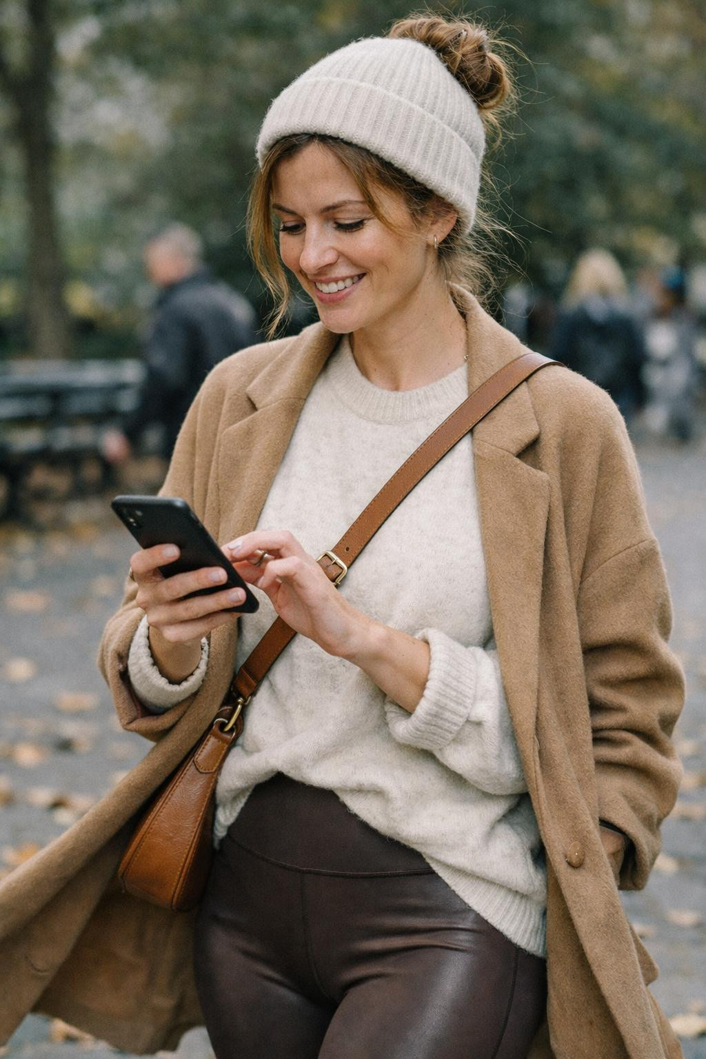 Legging outfits with chocolate brown performance leggings and oversized sweater