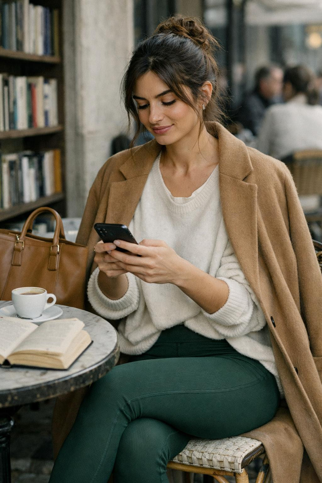 Legging outfits with forest green ribbed leggings and cream cashmere