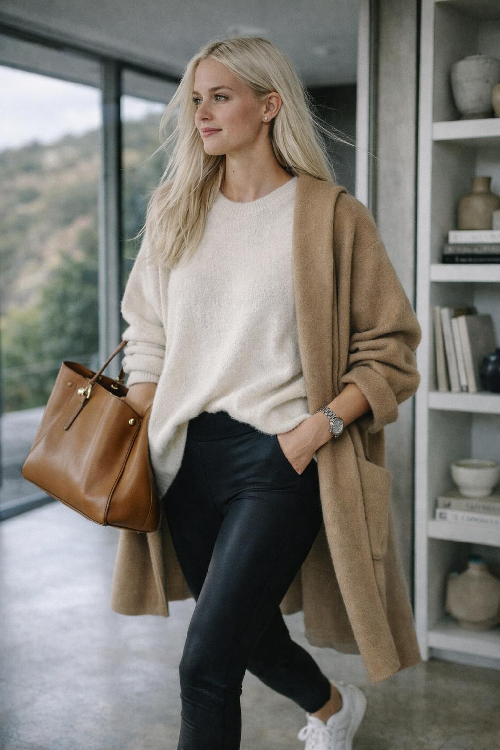 Legging outfits with black sculpting leggings and cream oversized sweater