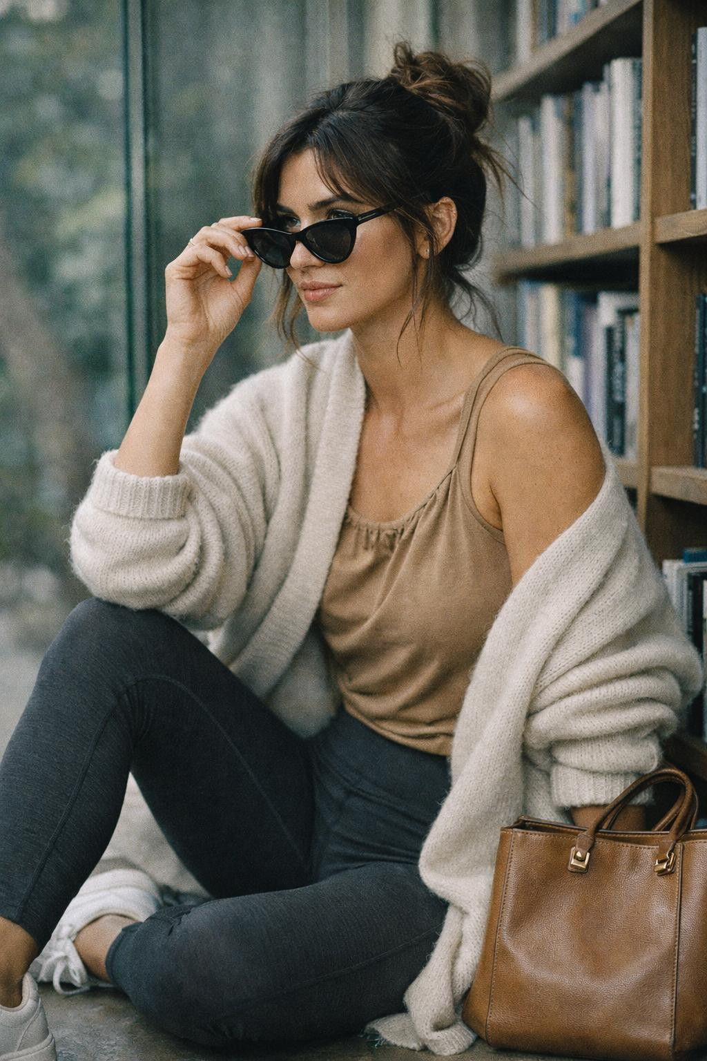 Legging outfits with charcoal ribbed leggings and wrap cardigan