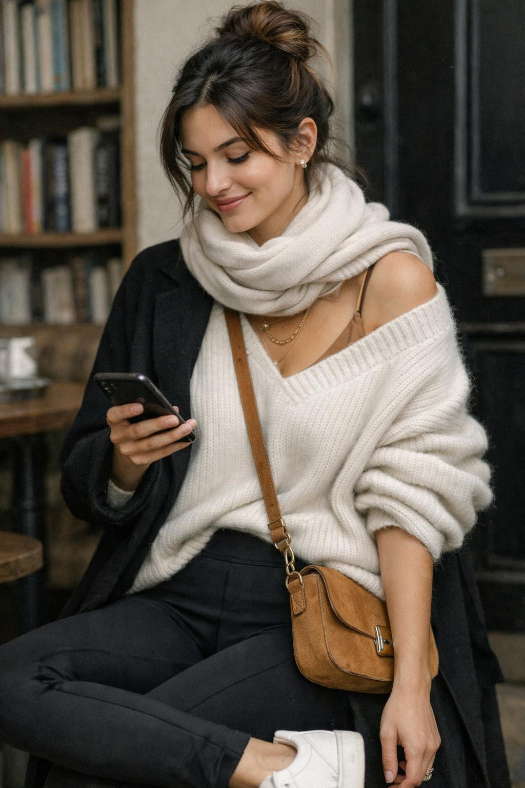 Legging outfits with black technical leggings and cream cashmere layers