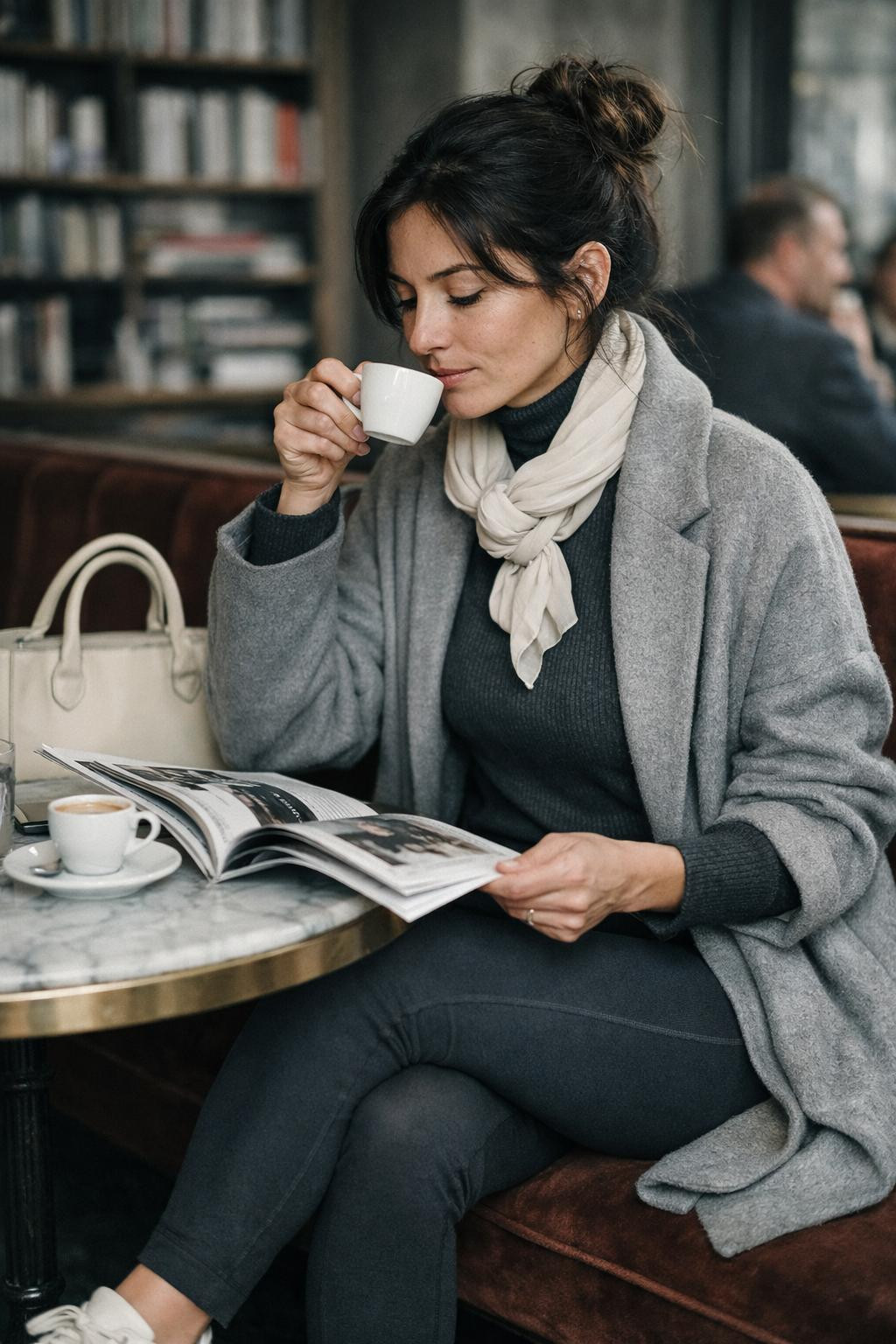 Legging outfits with charcoal cashmere turtleneck and layered coat