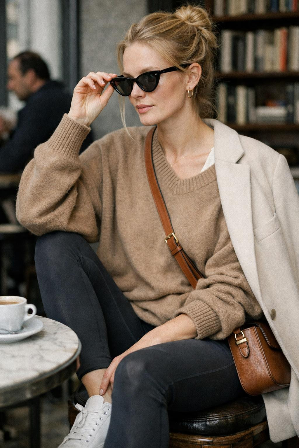Legging outfits with charcoal grey high-waisted leggings and structured blazer