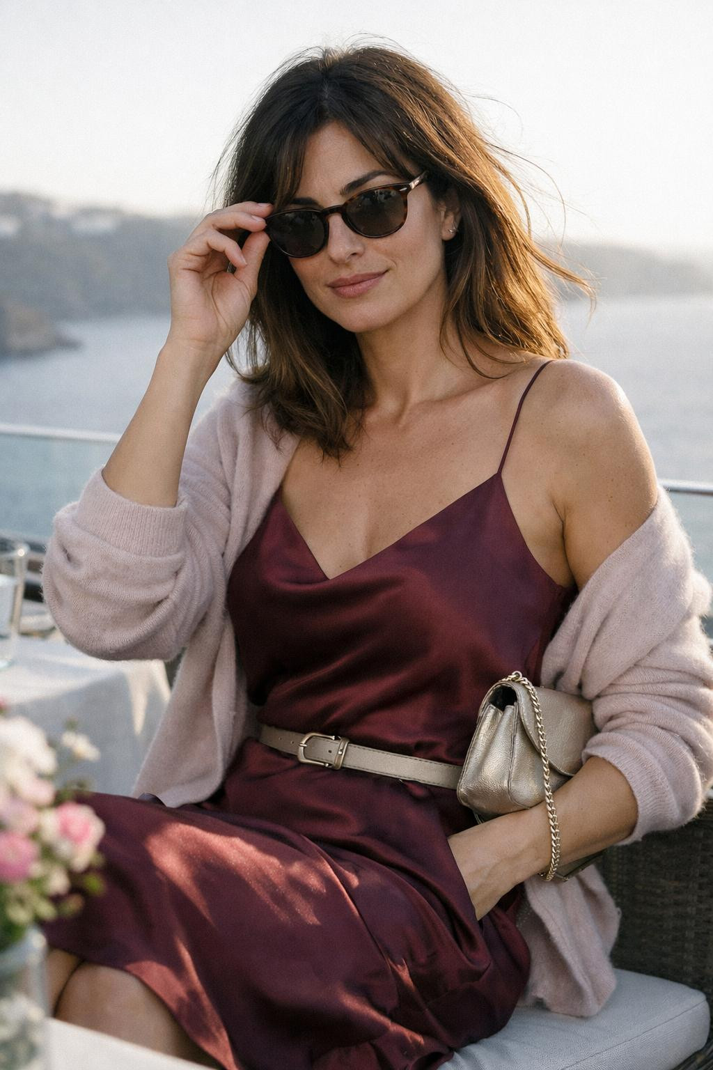 Valentine's Day outfits with clean burgundy silk and metallic champagne details