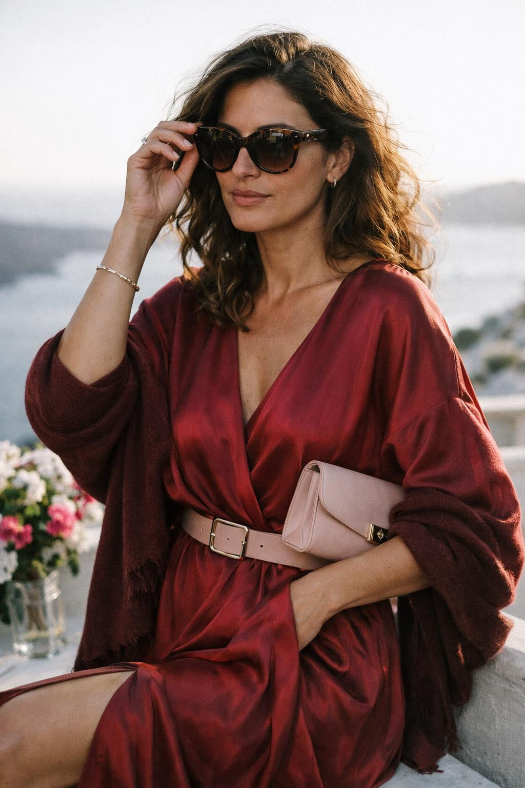 Valentine's Day outfits with relaxed crimson midi and soft pink cashmere