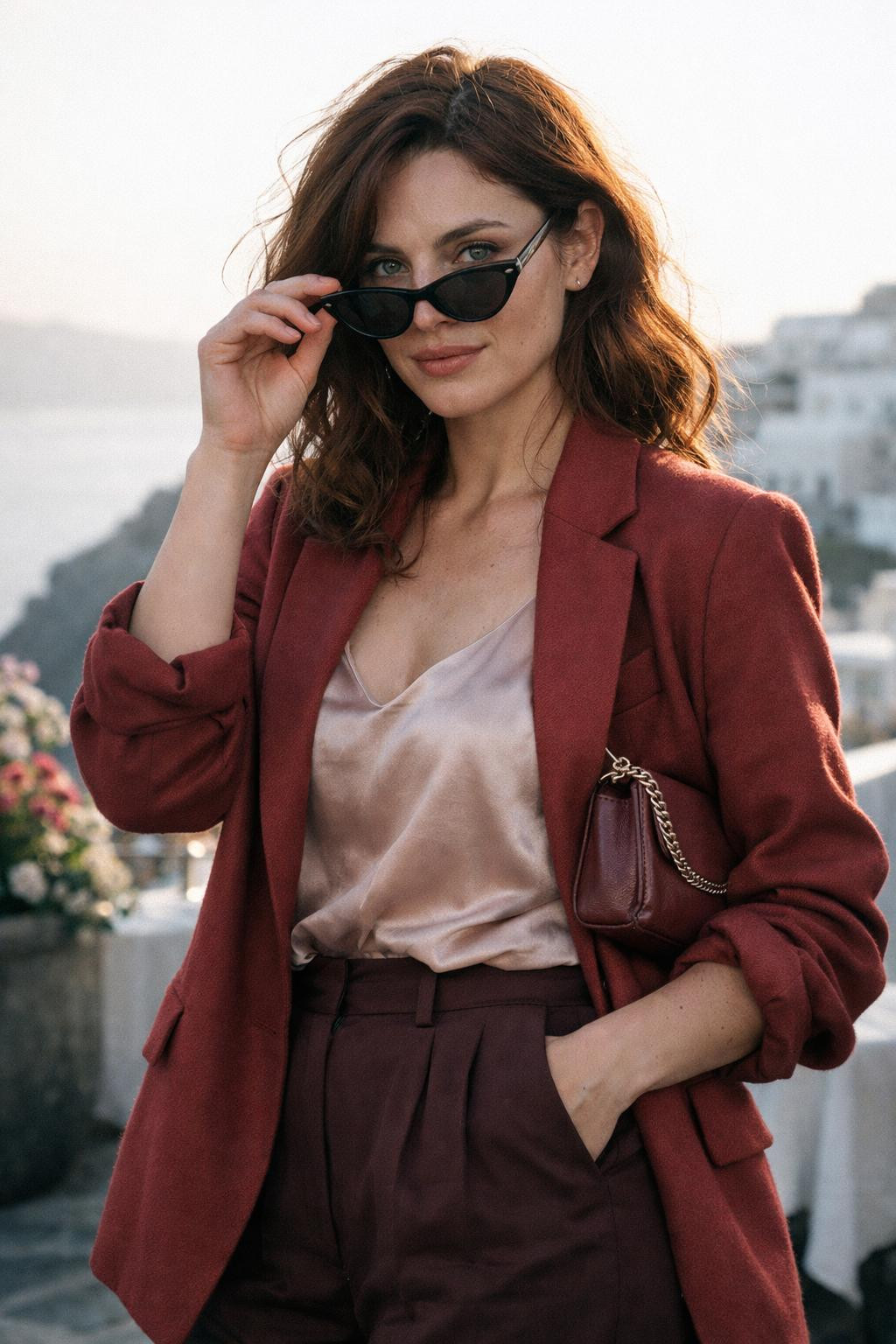 Valentine's Day outfits with soft masculine crimson blazer and metallic layers