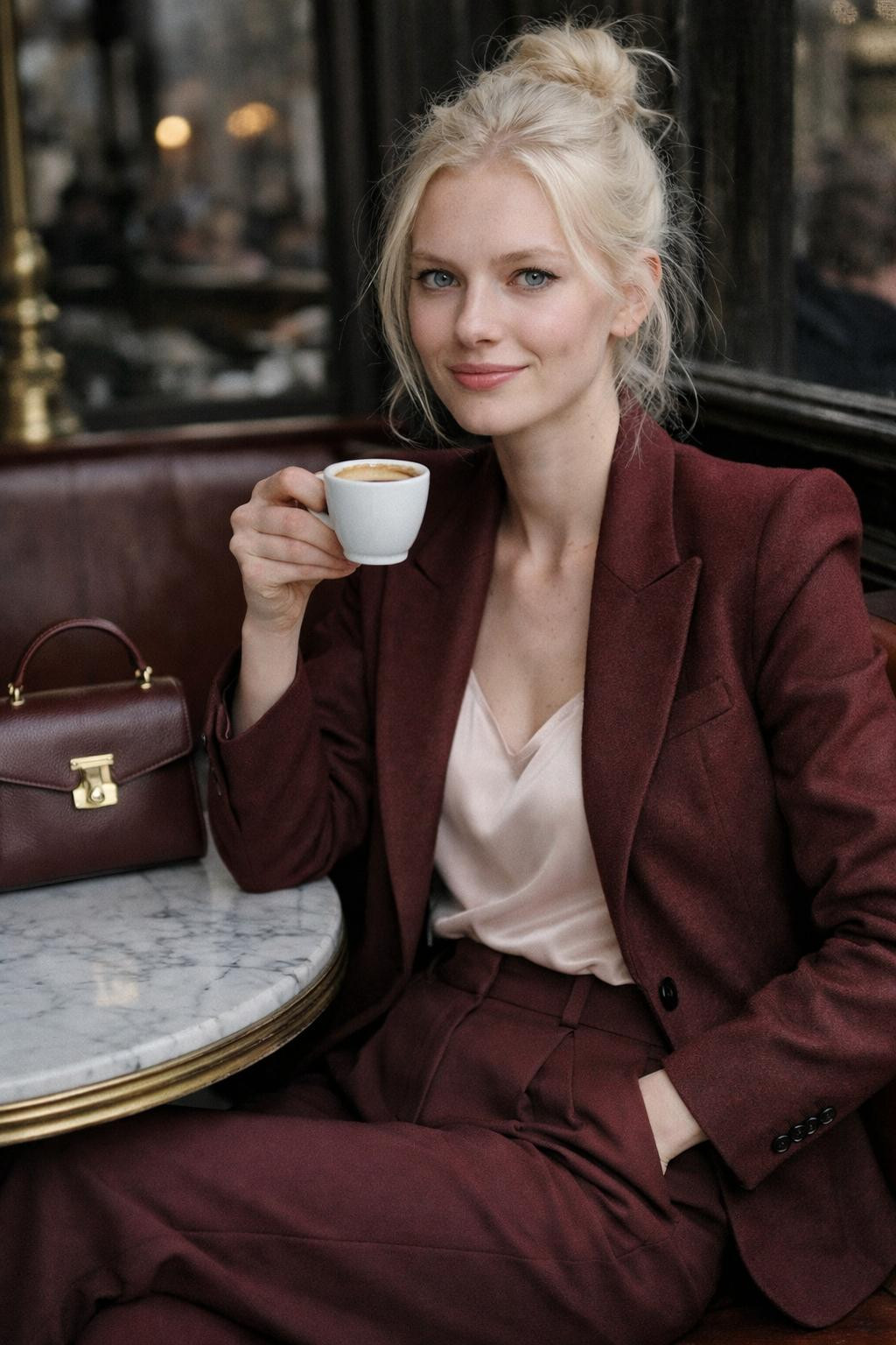 Valentine's Day outfits with structured wine blazer and tailored burgundy trousers