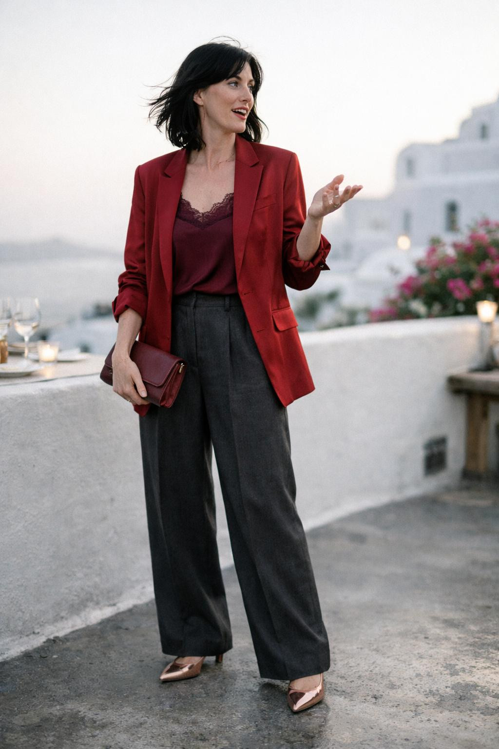Valentine's Day outfits with ruby silk blazer and jewel tone layering