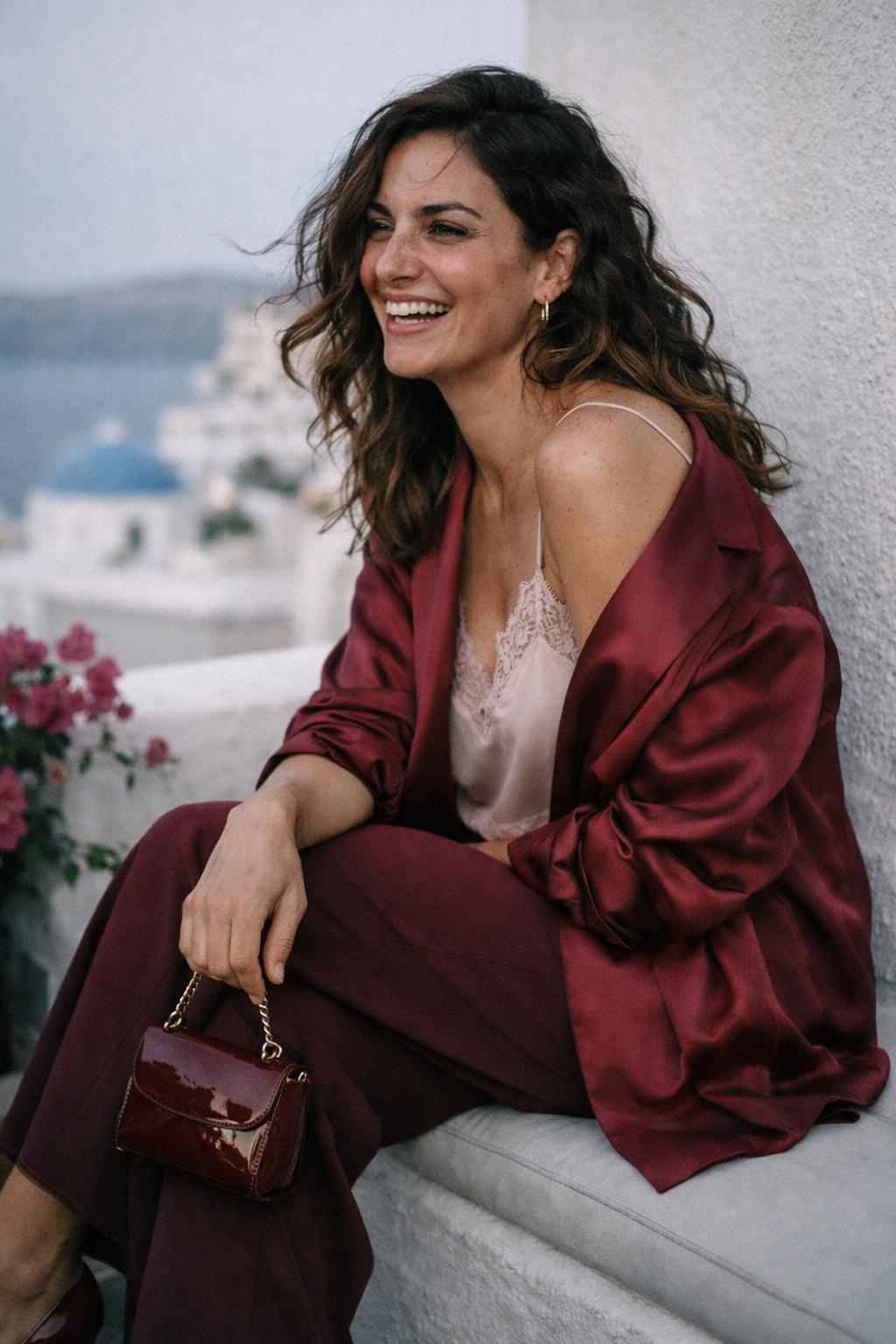 Valentine's Day outfits with relaxed crimson blazer and delicate lace layers