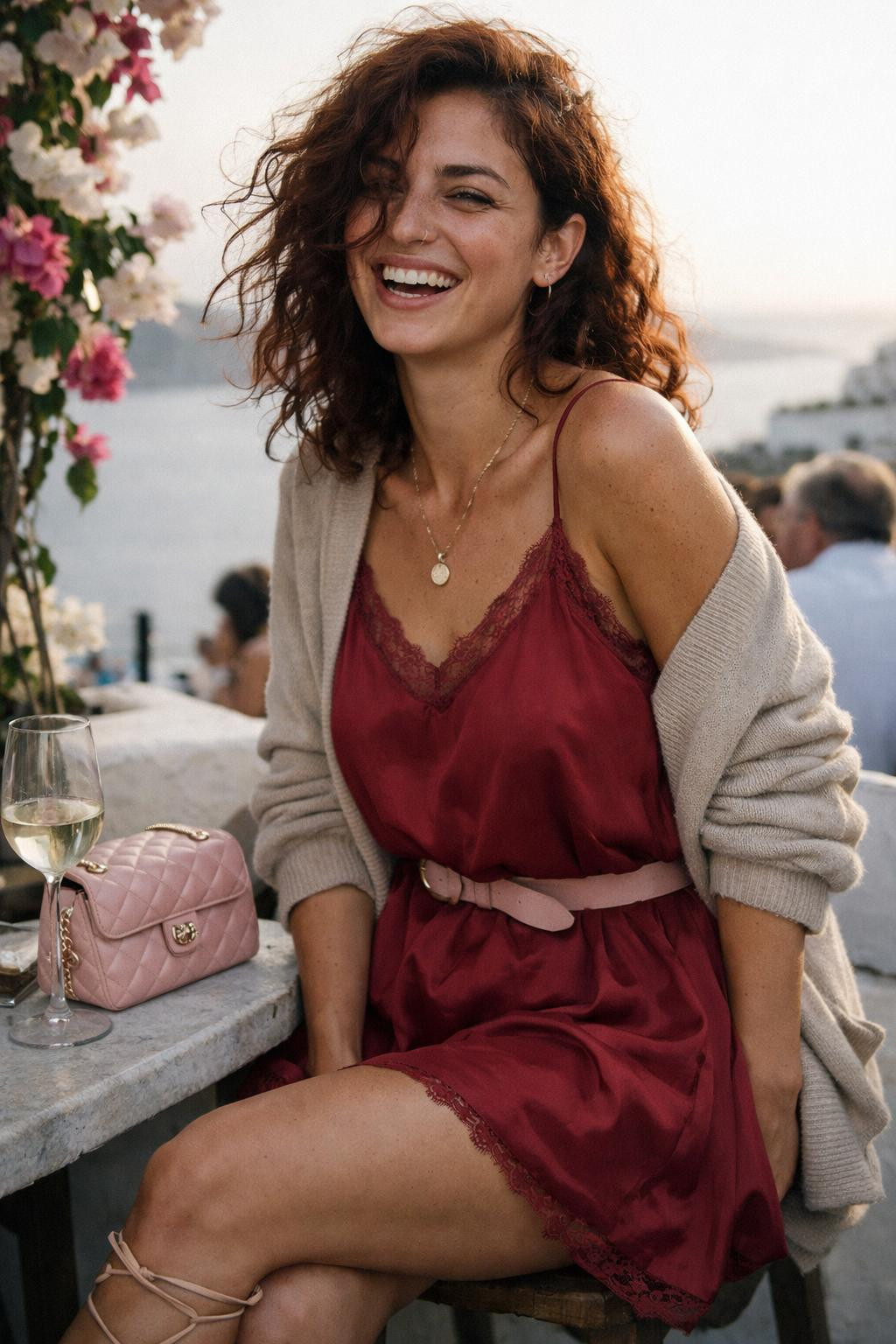 Valentine's Day outfits with relaxed crimson slip and gold cardigan layers