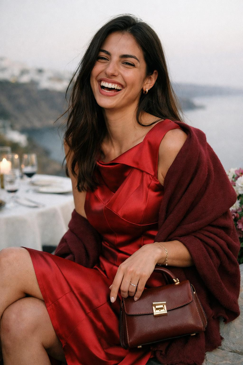Valentine's Day outfits featuring dramatic crimson silk with sculptural neckline