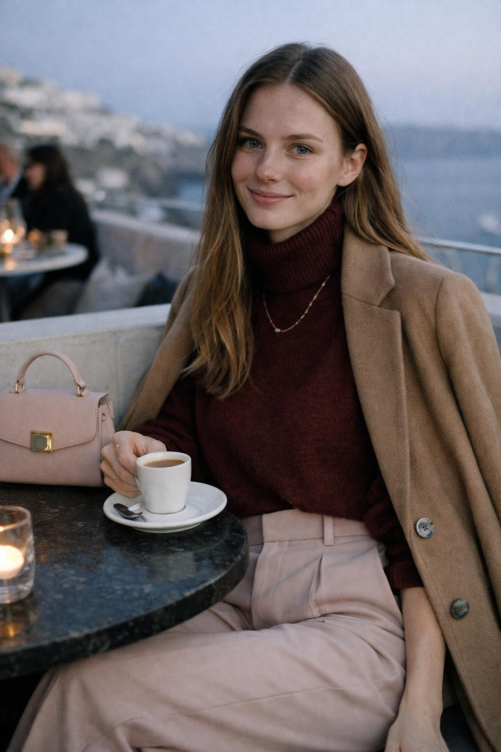 Valentine's Day outfits with deep burgundy turtleneck and tailored blush trousers