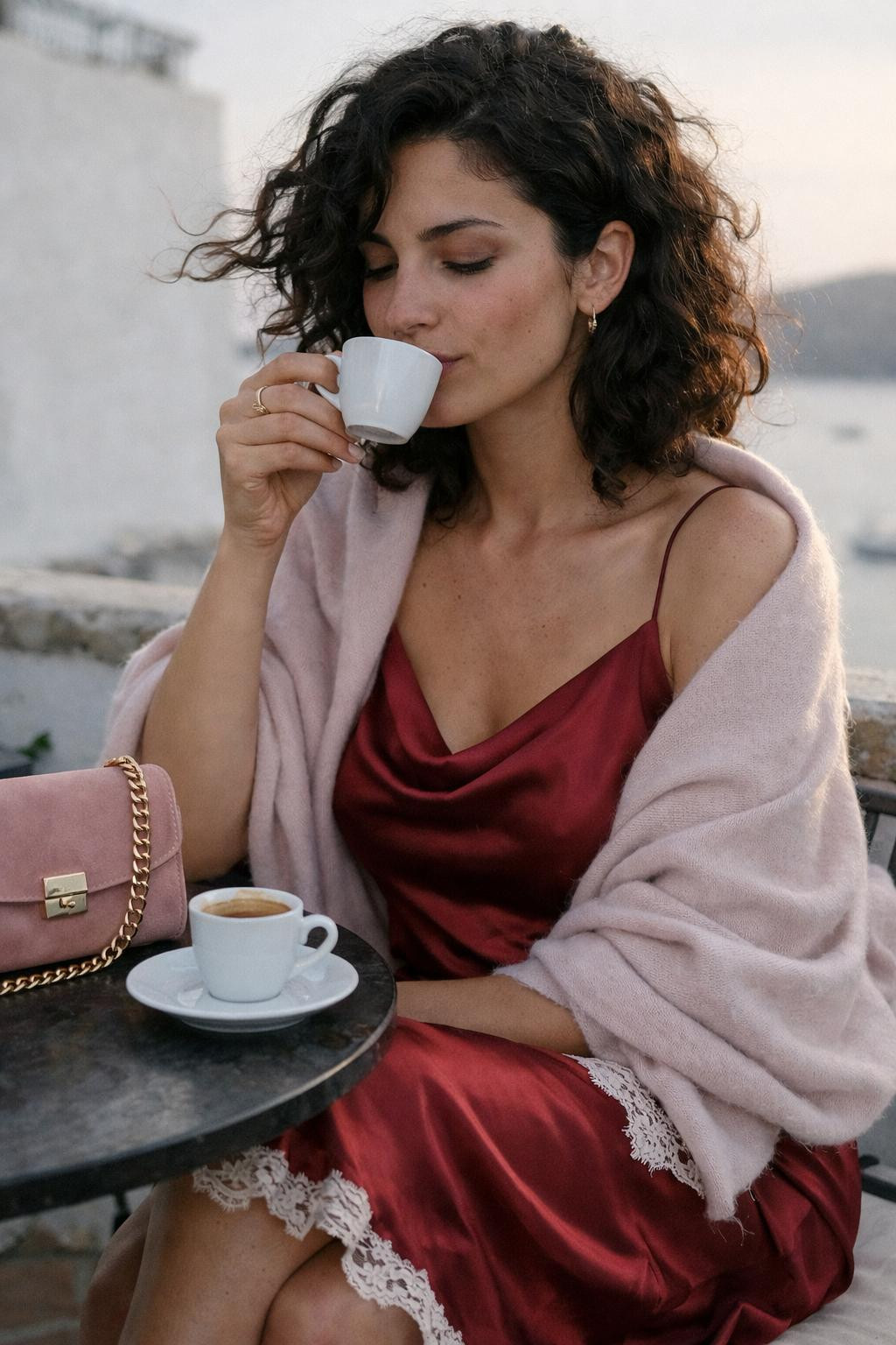 Valentine's Day outfits featuring deep crimson silk with architectural draping
