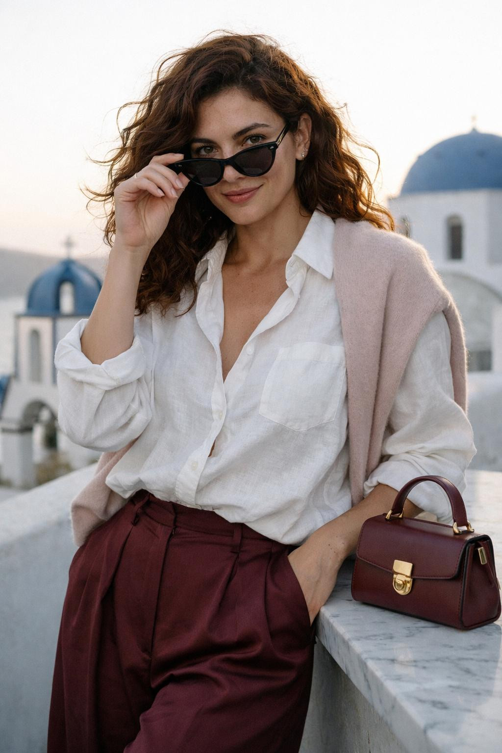 Valentine's Day outfits with white linen boyfriend shirt and burgundy trousers